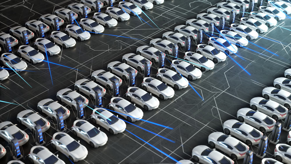 Parking with charger for electric vehicles. Charging stations. Electric field charges. 3D illustration