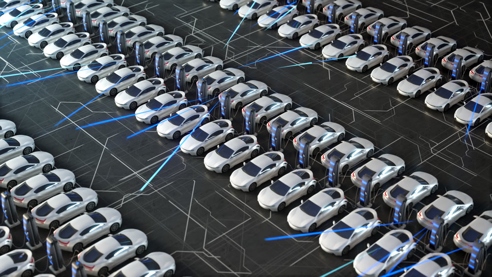 Parking with charger for electric vehicles. Charging stations. Electric field charges. 3D illustration.