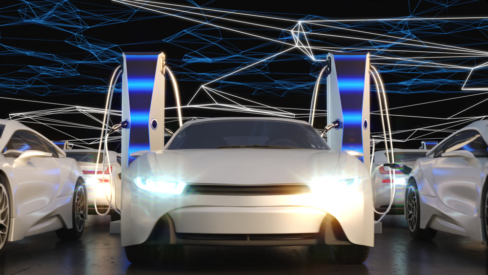 Charging for electric vehicles, close-up. Electric field on the background. Charging station. 3D illustration