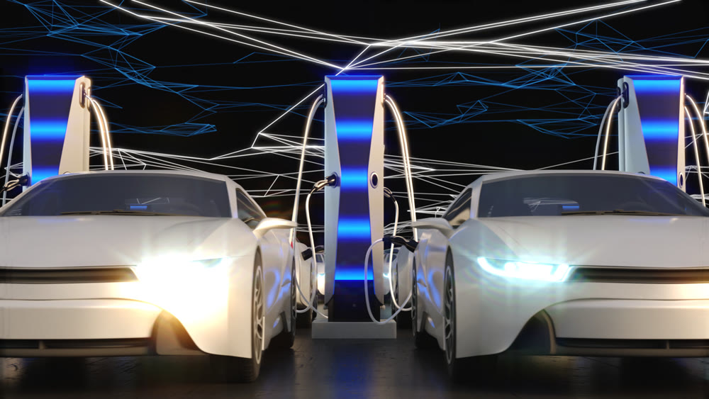 Charging for electric vehicles, close-up. Electric field on the background. 3D illustration.