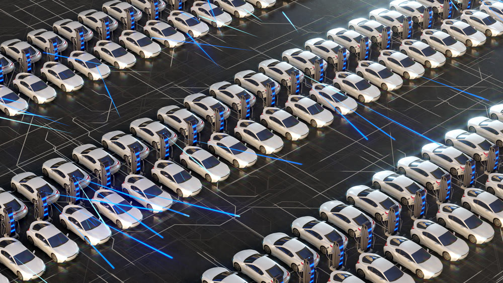 Large parking lot with electric cars, charging stations, power supply. The electric car is charging. 3D illustration