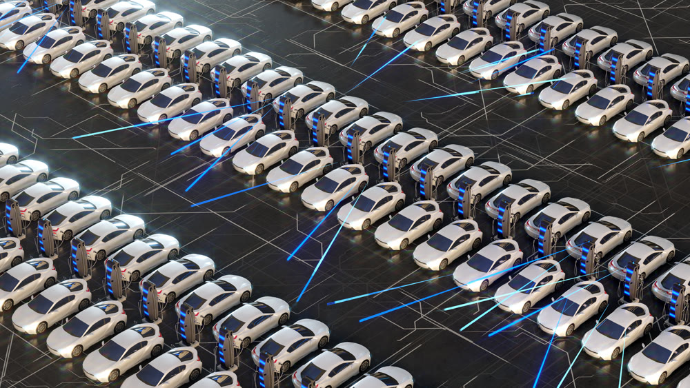 Parking with electric cars, charging station. The electric car is charging. 3D illustration.