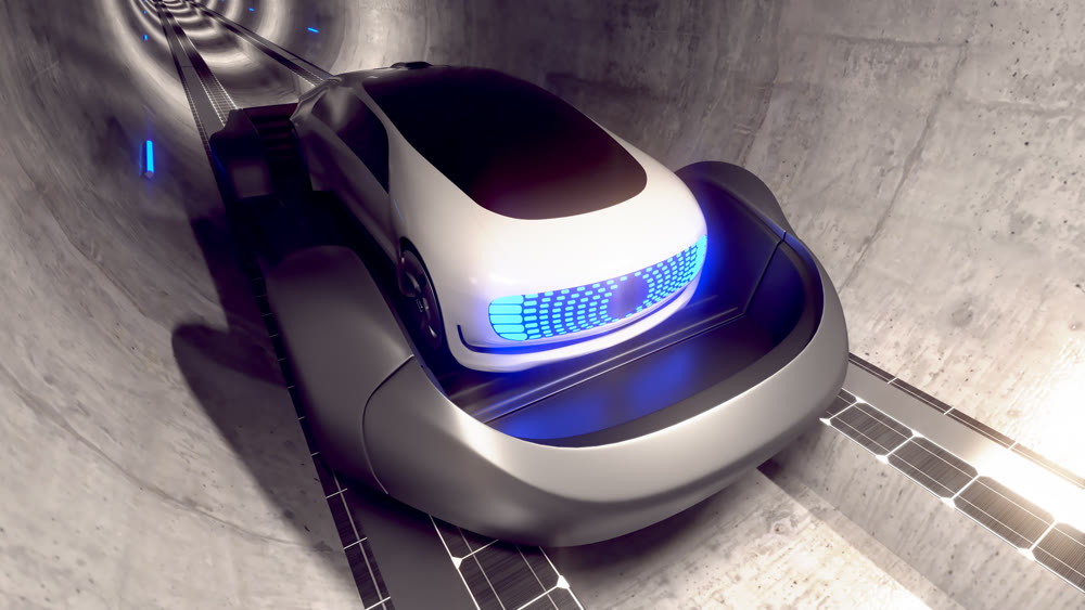 Underground high-speed transport. Moving on a platform underground in a tunnel. 3d illustration