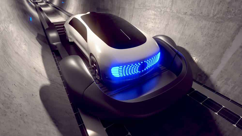 Underground high-speed transport. Personal transport riding on a platform underground in a tunnel. 3d illustation