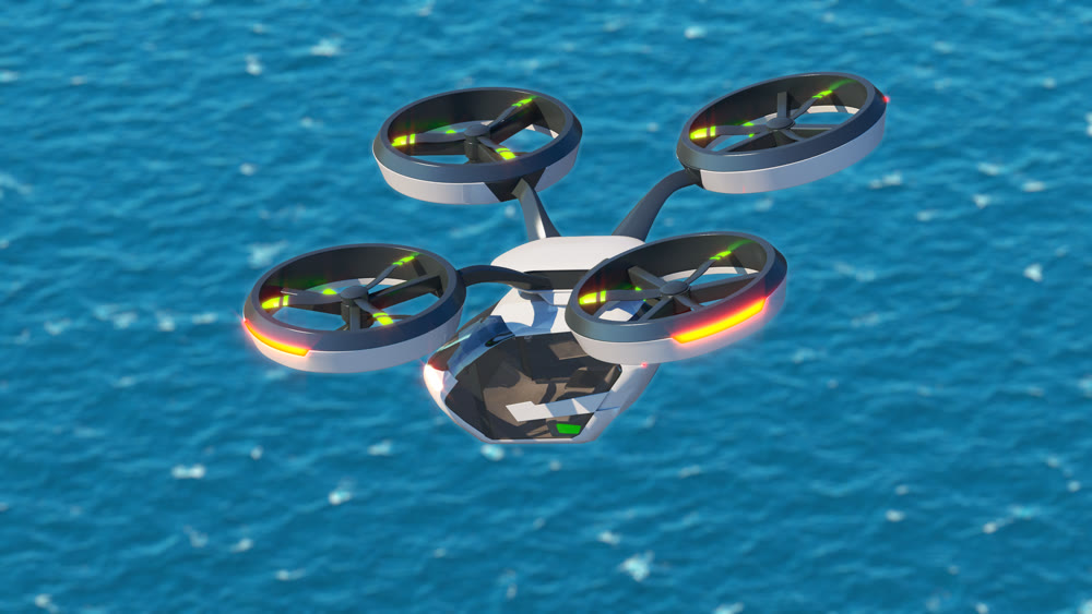 Air taxi transport. Flying over blue water. 3d illustration