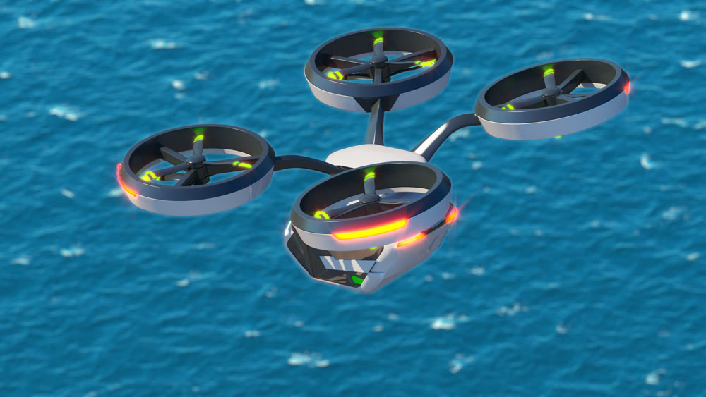 Personal air transport flying over the blue ocean. 3d illustration