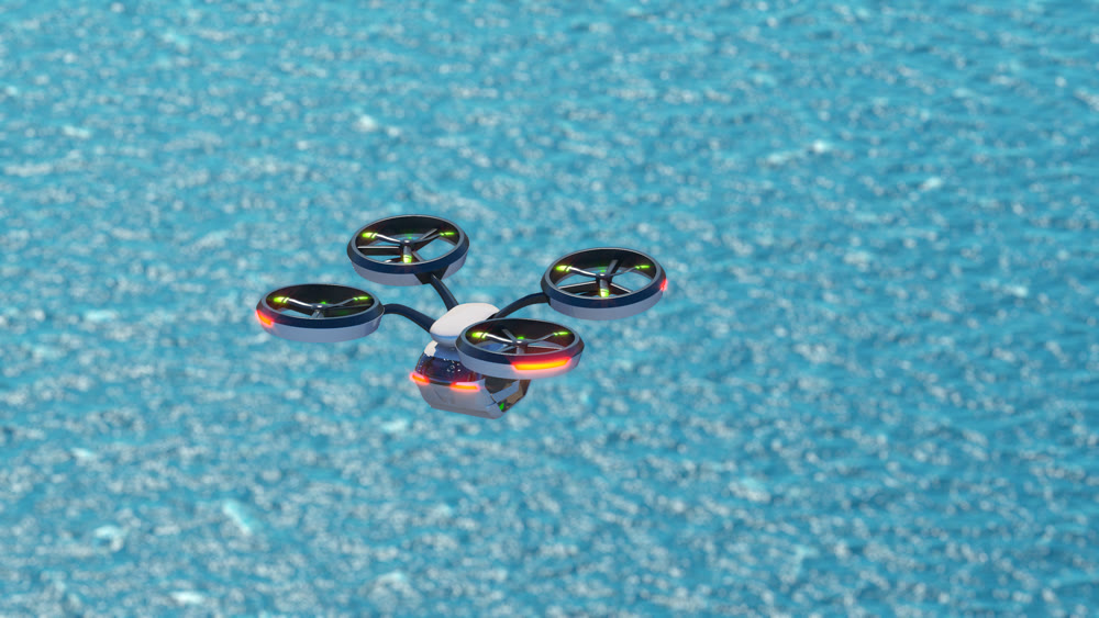 Personal air transport flying over the blue ocean. 3d illustration