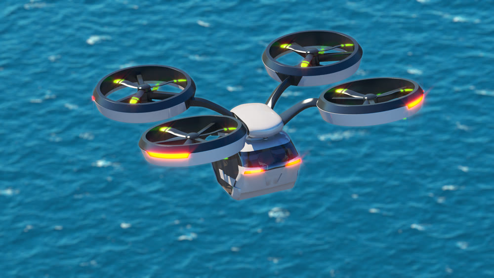 Personal air transport flying over the blue ocean. 3d illustration