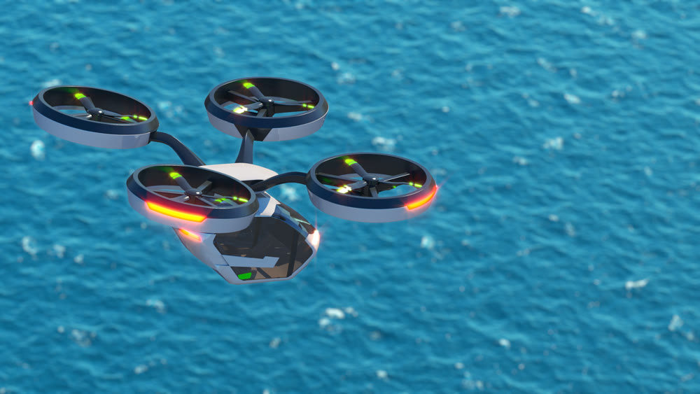Individual personal air transport, flight over the sea. 3D illustration