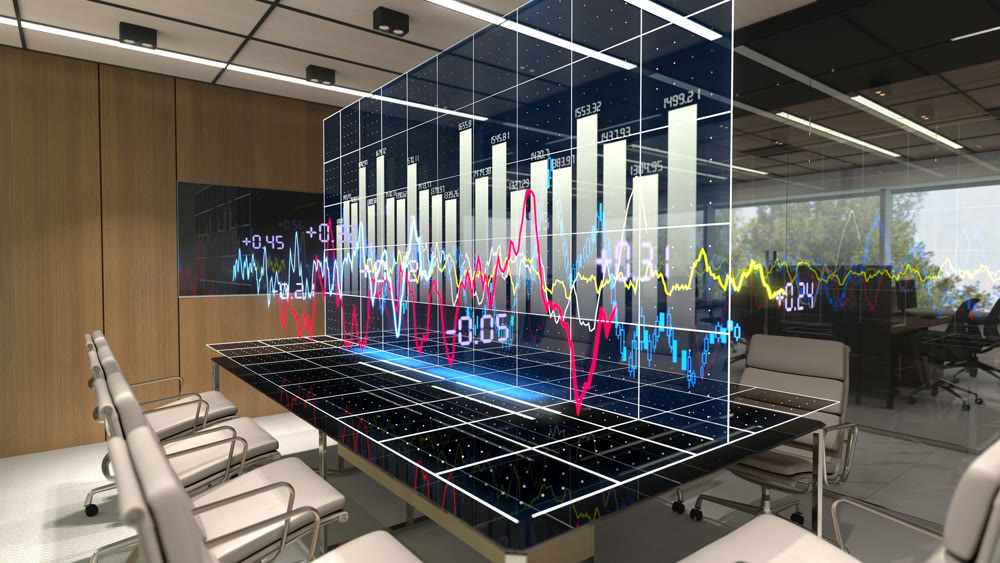 Growth halogram. Glowing plasma halogram in the office. 3D illustration