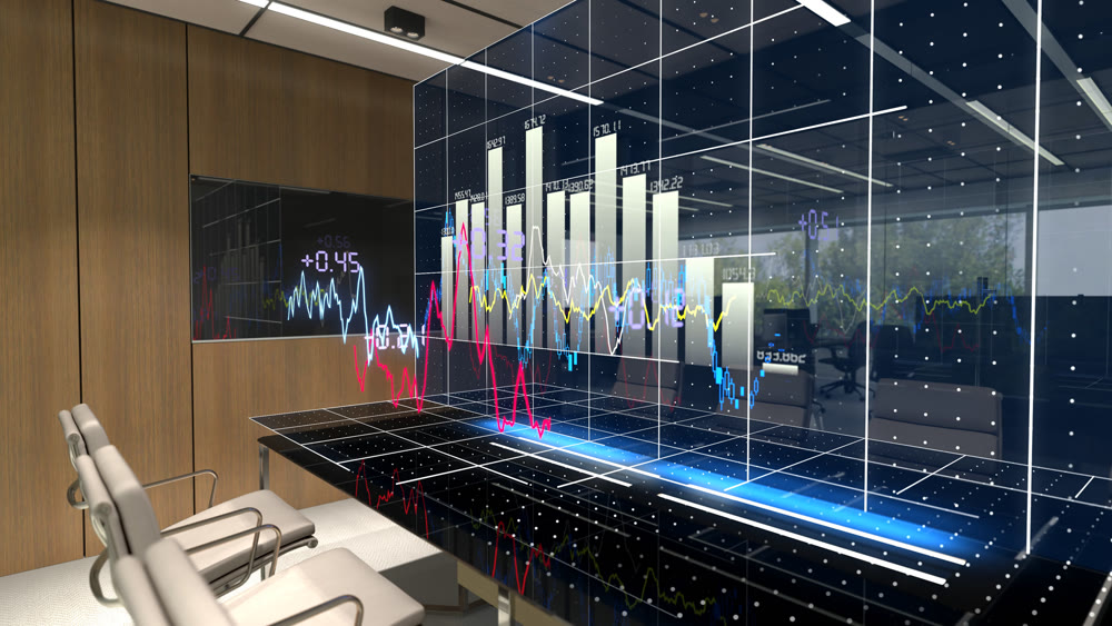Growth halogram. Glowing plasma halogram in the office. 3D illustration