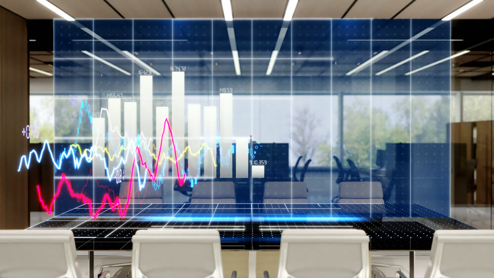 Glowing halogram of stock charts, jumps of growth, falls. 3d illustration.
