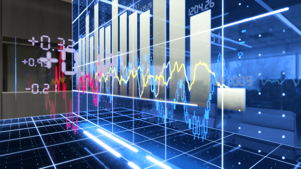 A halogram of stock charts. Glowing from the office table. 3d illustration