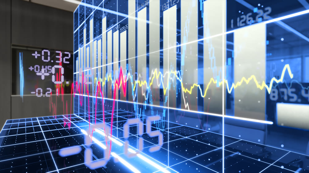 A halogram of stock charts. Glowing from the office table. 3d illustration
