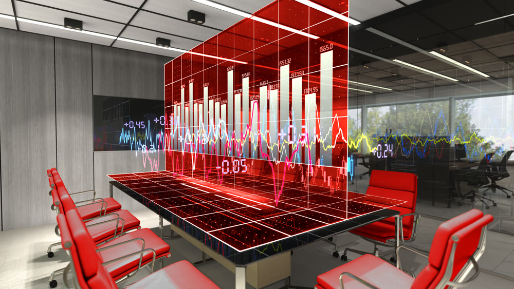 The red halogram charts the movement of exchange-traded currencies. Projection from the office table. 3d illustration.