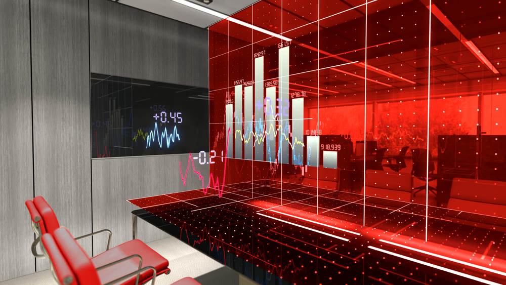 The red halogram charts the movement of exchange-traded currencies. Projection from the office table. 3d illustration.