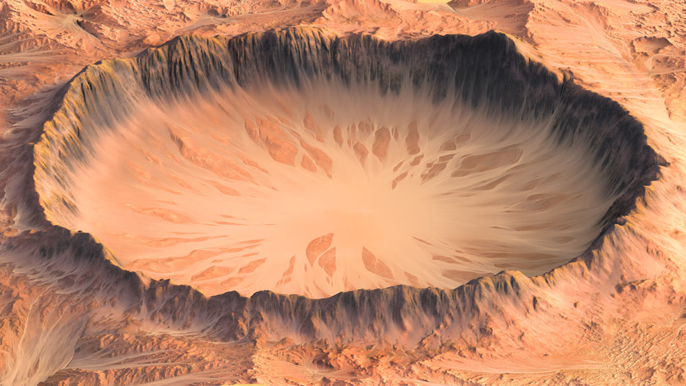 Crater of a former lake on the planet Mars. 3d illustration
