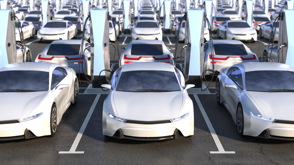 Charging an electric car from a charging station. 3d illustration