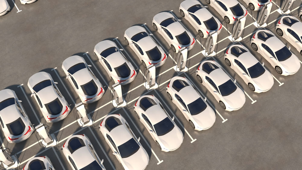 Big parking with chargers. Rows of electric cars are recharging. General view. 3d illustration