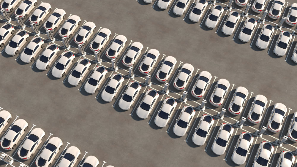 Big parking with chargers. Rows of electric cars are recharging. General view. 3d illustration