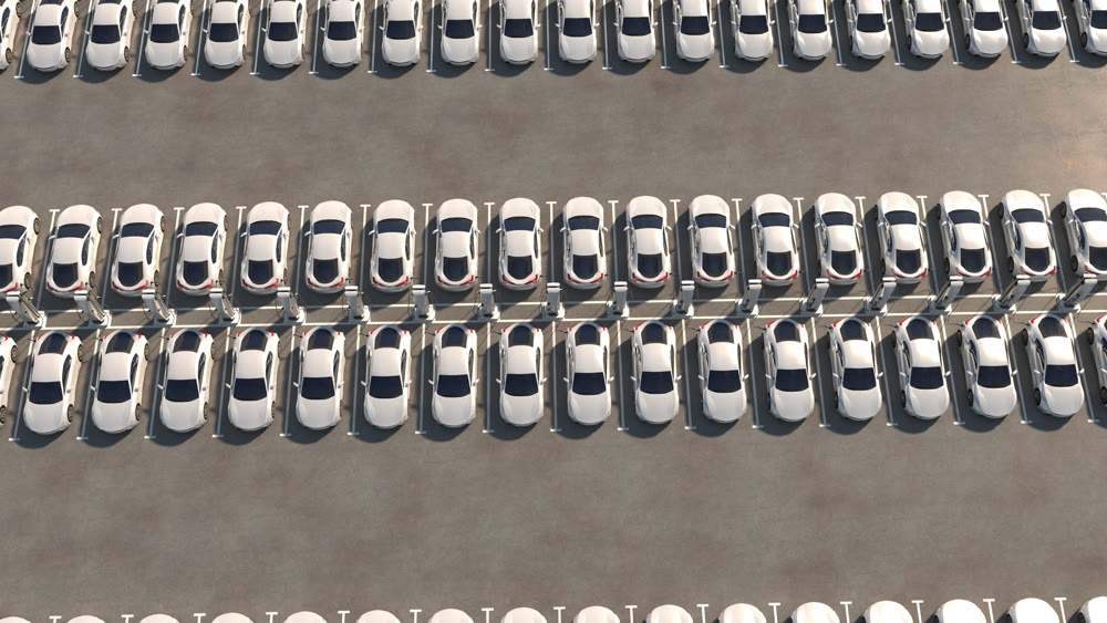 Big parking with chargers. Rows of electric cars are recharging. General view. 3d illustration