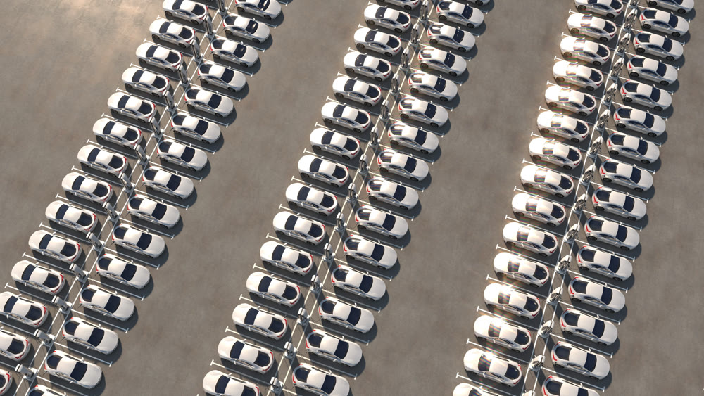 Big parking with chargers. Rows of electric cars are recharging. General view. 3d illustration