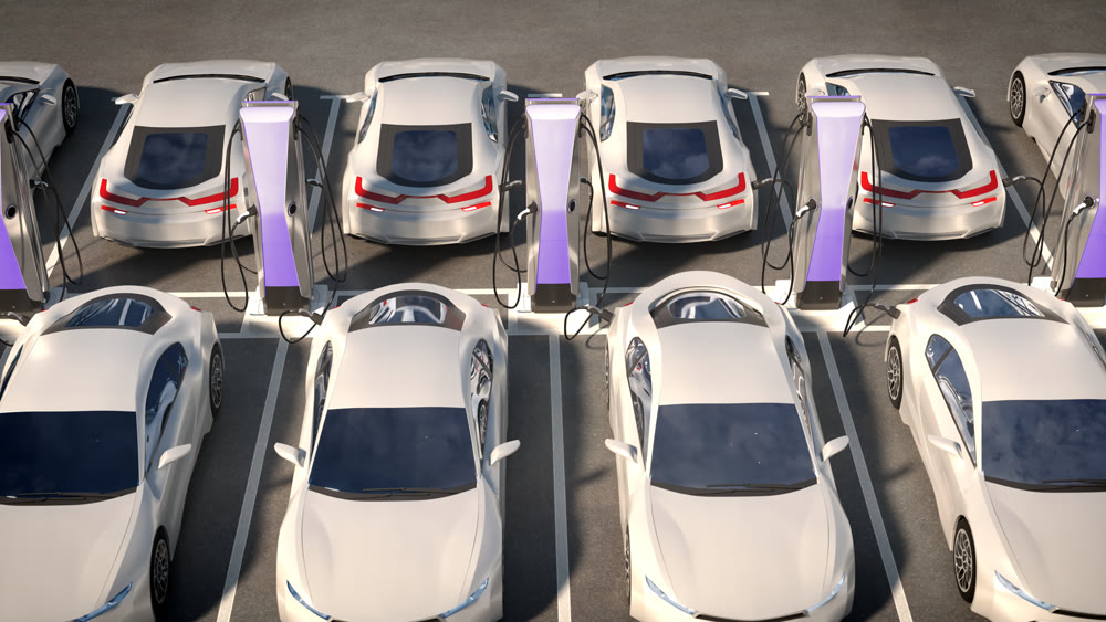 Parking electric cars. Charging stations, fast charging cars. 3d illustration
