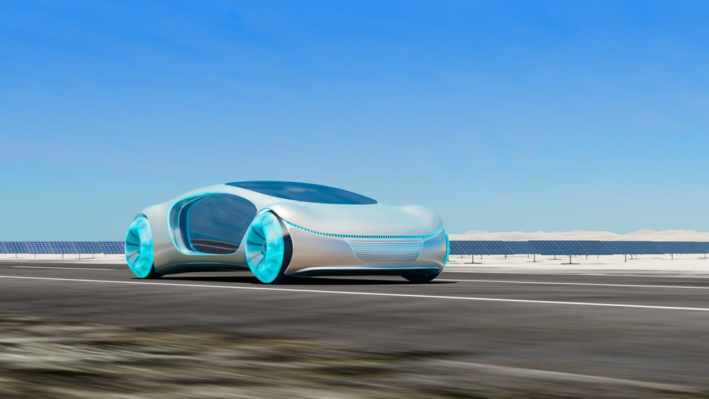 Electric cars driving on the road, in the background are solar panels. 3d illustration