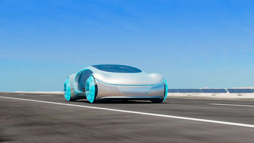 Electric cars driving on the road, in the background are solar panels. 3d illustration