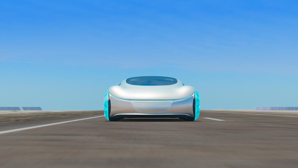 Electric cars driving on the road, in the background are solar panels. 3d illustration