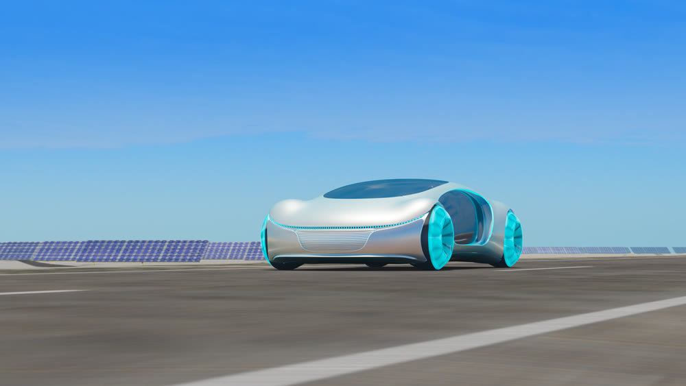 Electric cars driving on the road, in the background are solar panels. 3d illustration