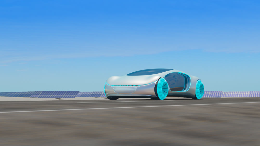 Electric cars driving on the road, in the background are solar panels. 3d illustration