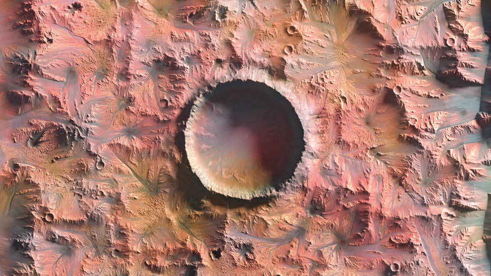 Mars Planet, Crater top view 3d illustration