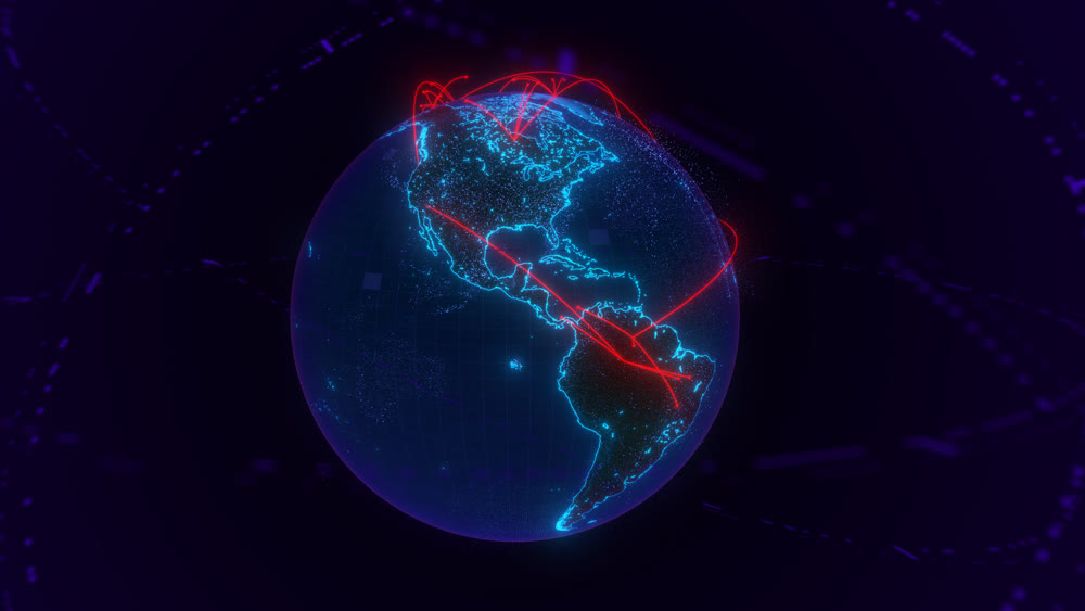 Planet Earth, against a night's background. Glowing internet communication lines. The interaction of continents is a connection. 3D illustration