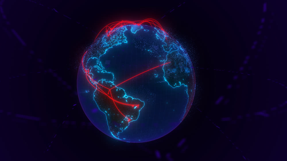 Planet Earth, against a night's background. Glowing internet communication lines. The interaction of continents is a connection. 3D illustration