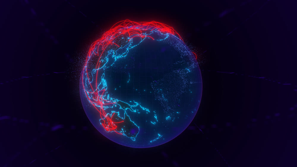 Planet Earth, against a night's background. Glowing internet communication lines. The interaction of continents is a connection. 3D illustration