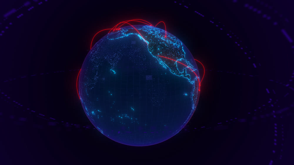Planet Earth, against a night's background. Glowing internet communication lines. The interaction of continents is a connection. 3D illustration