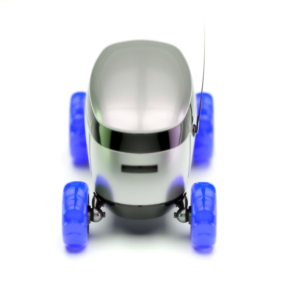 Automated Delivery Robot Service . Modern Smart Wireless Robot Delivers Goods or Food to a Customer. New Technological Iot Business Industry of Delivery Logistic of Online Shop. 3d illustration