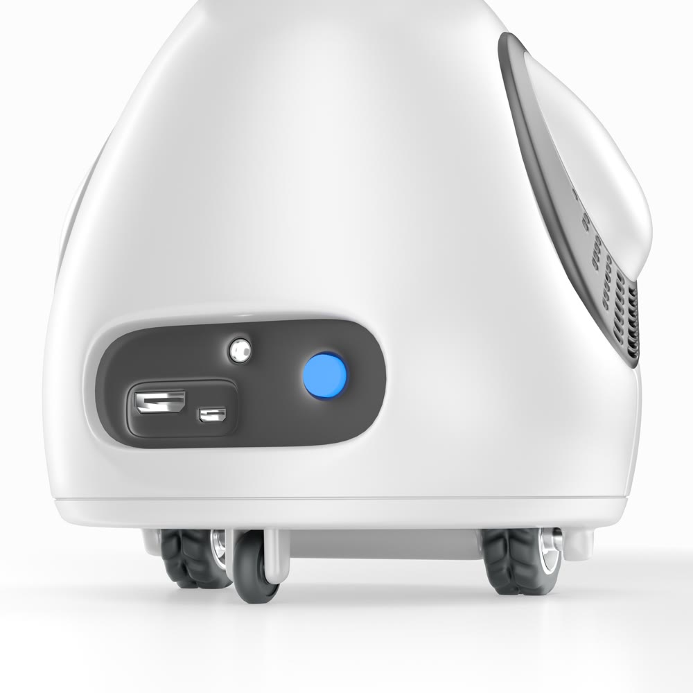 Robot home helper. Smart little robot, on wheels and smart screen. 3d illustration