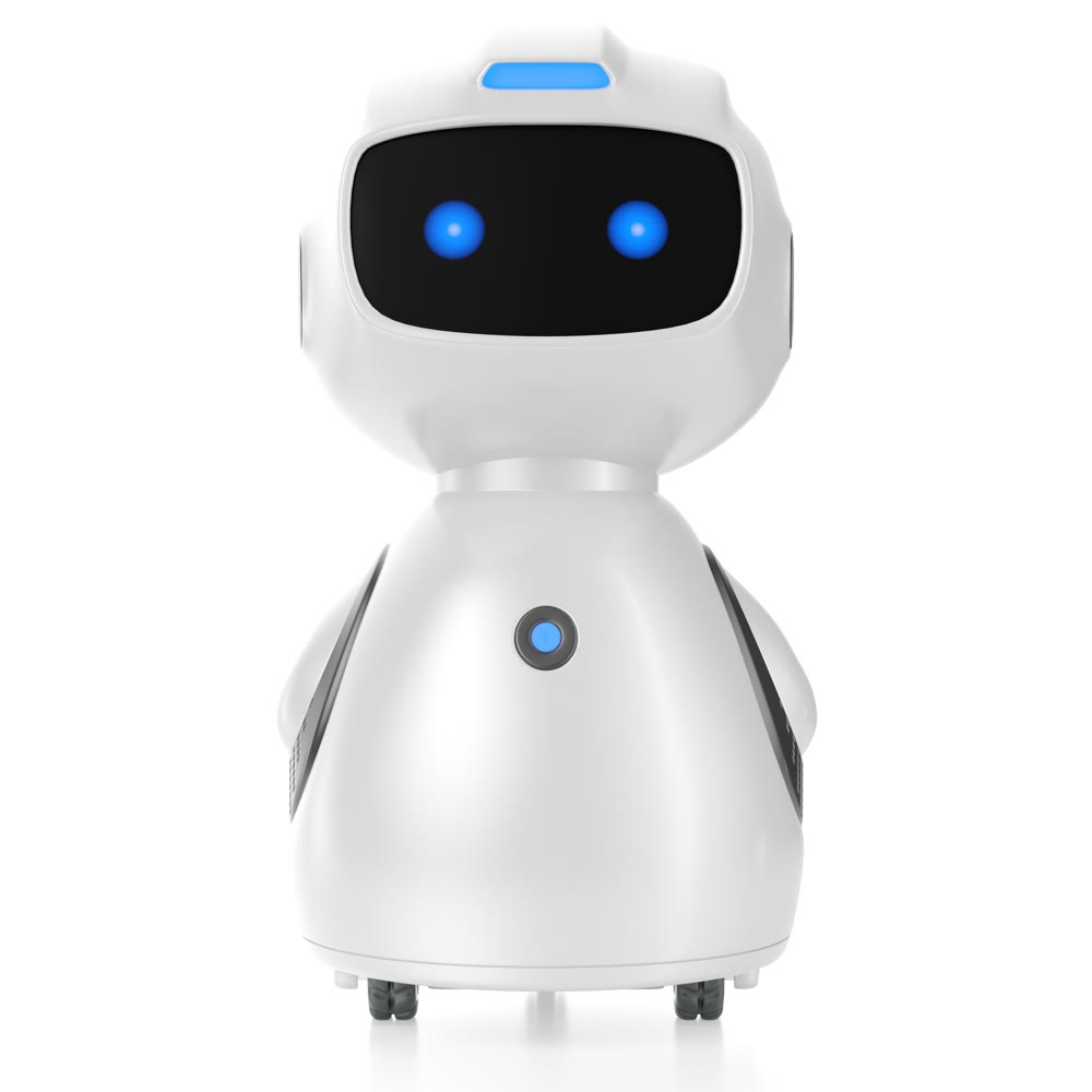 Robot home helper. Smart little robot, on wheels and smart screen. 3d illustration