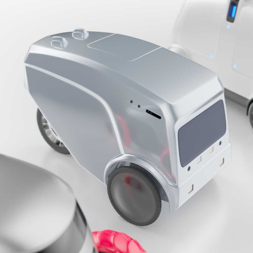 Autonomous robot product delivery. Smart delivery of food, groceries, letters, documents, etc. 3d illustration.