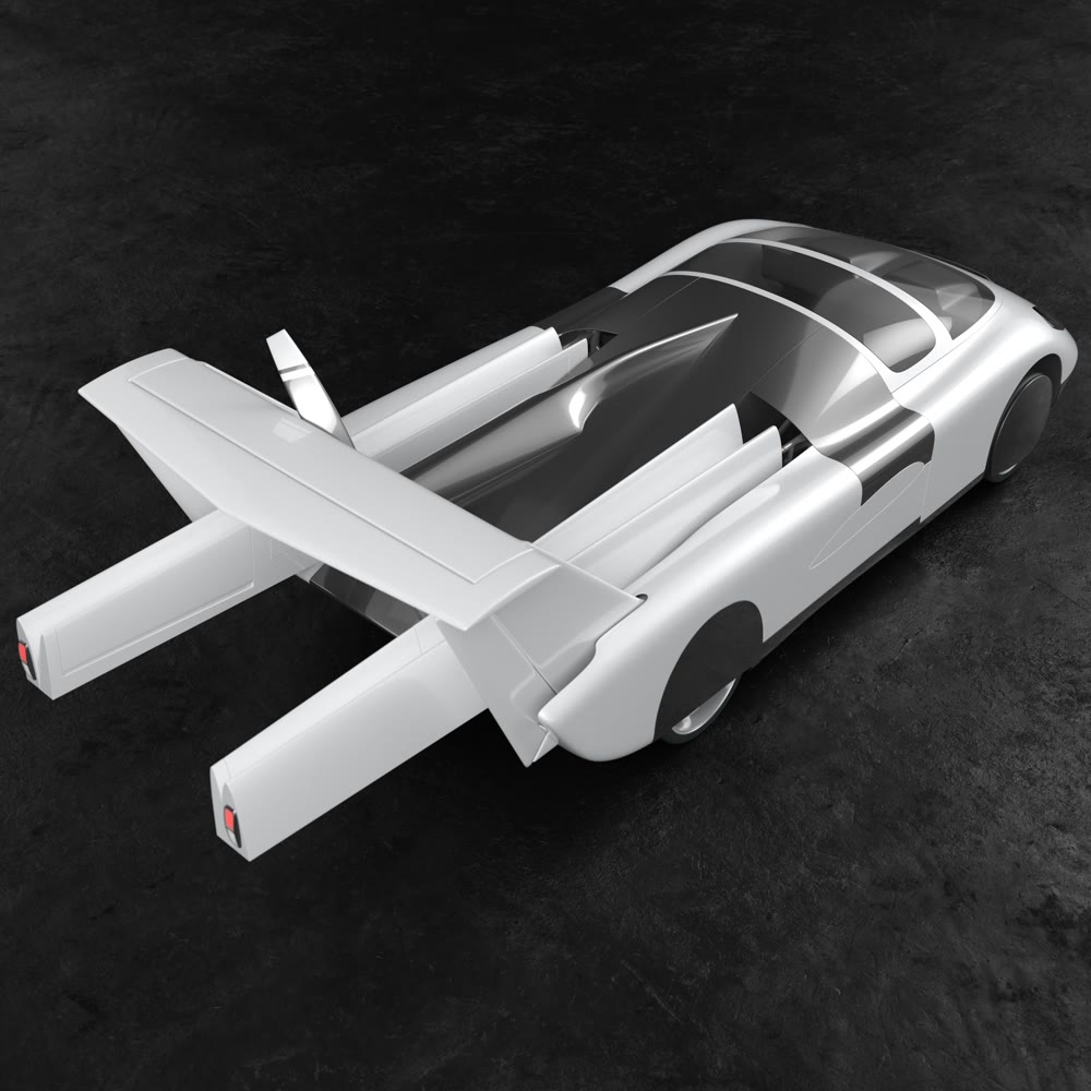 Concept of a flying car. Flying car. Studio render. 3D illustration.