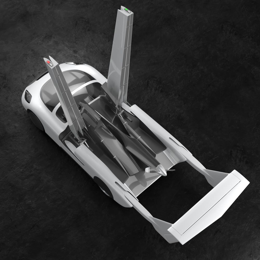 Concept of a flying car. Flying car. Studio render. 3D illustration.
