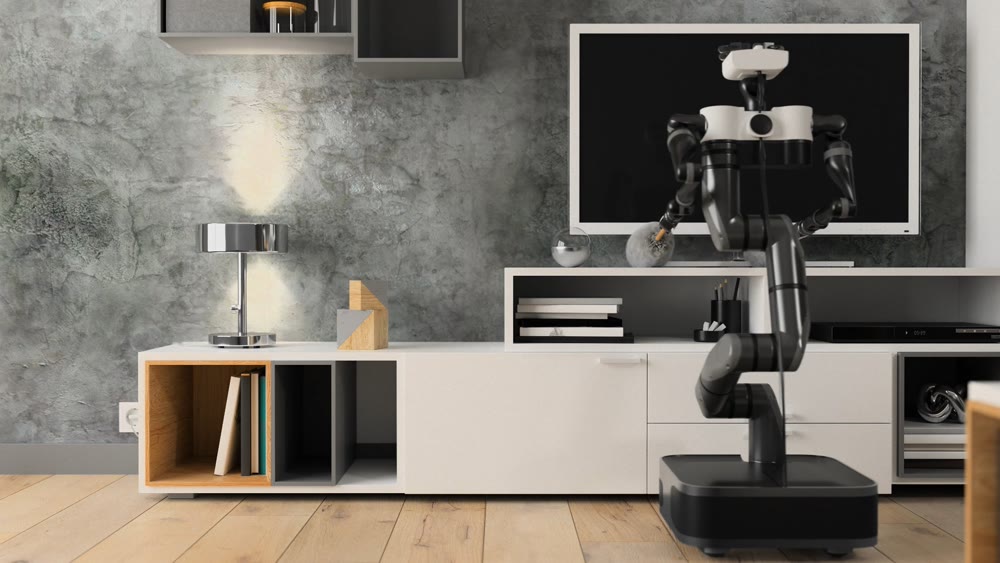 Robot apartment cleaner. Robot house helper removes dust from the pedestals. 3d illustration