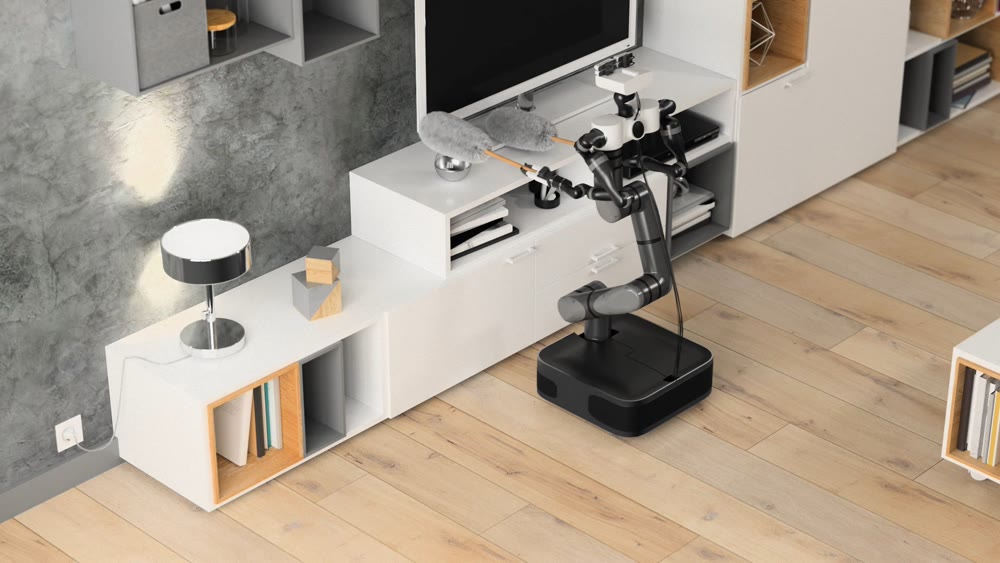 Robot apartment cleaner. Robot house helper removes dust from the pedestals. 3d illustration