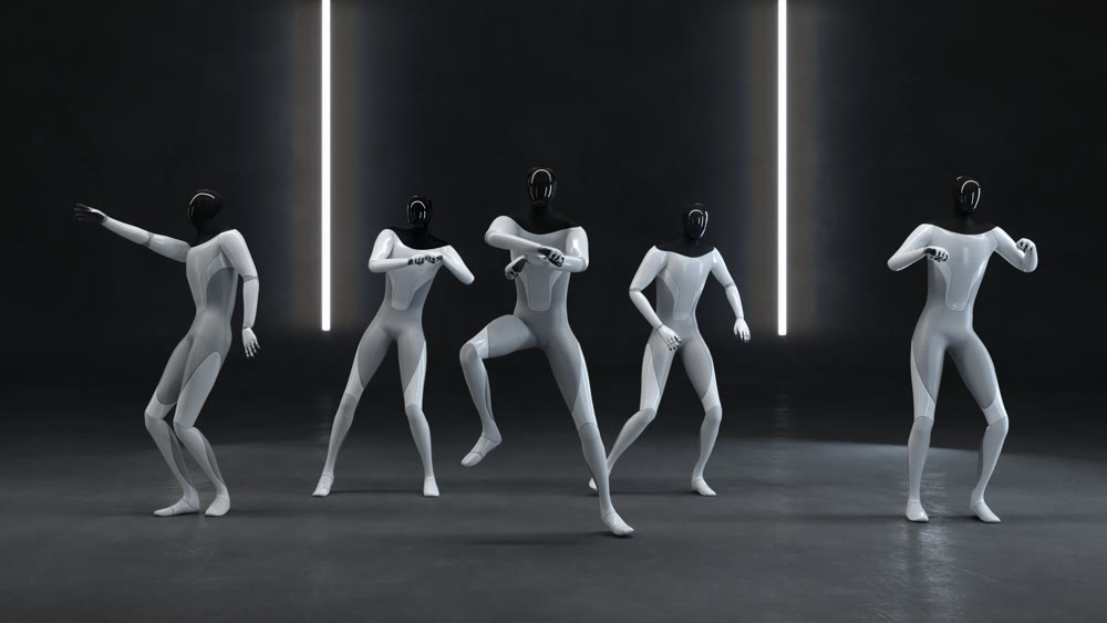 Party at the robots of androids. Dancing together. 3d illustration