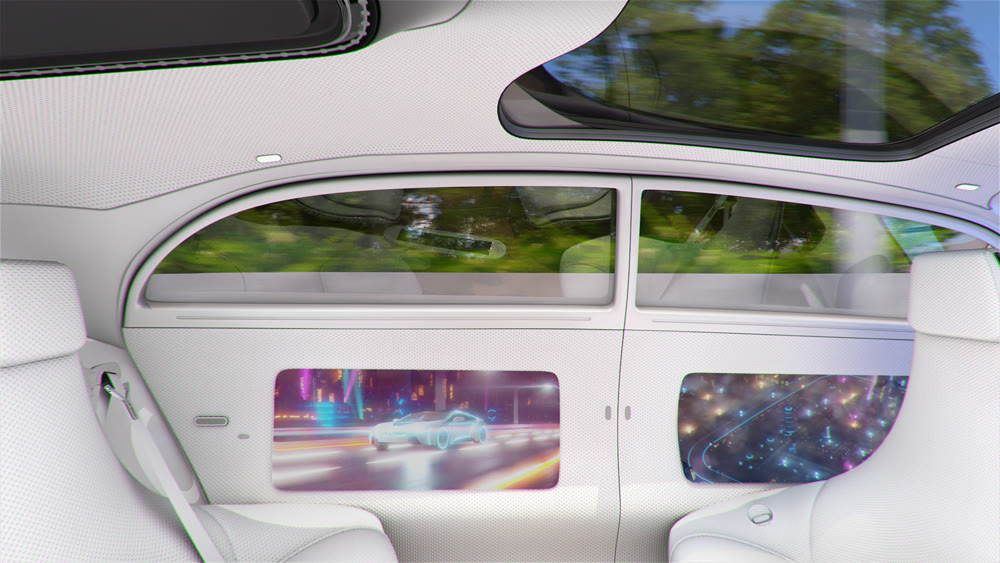 View of the empty interior of the car. Car on autopilot. Modern unmanned vehicle. 3d illustration