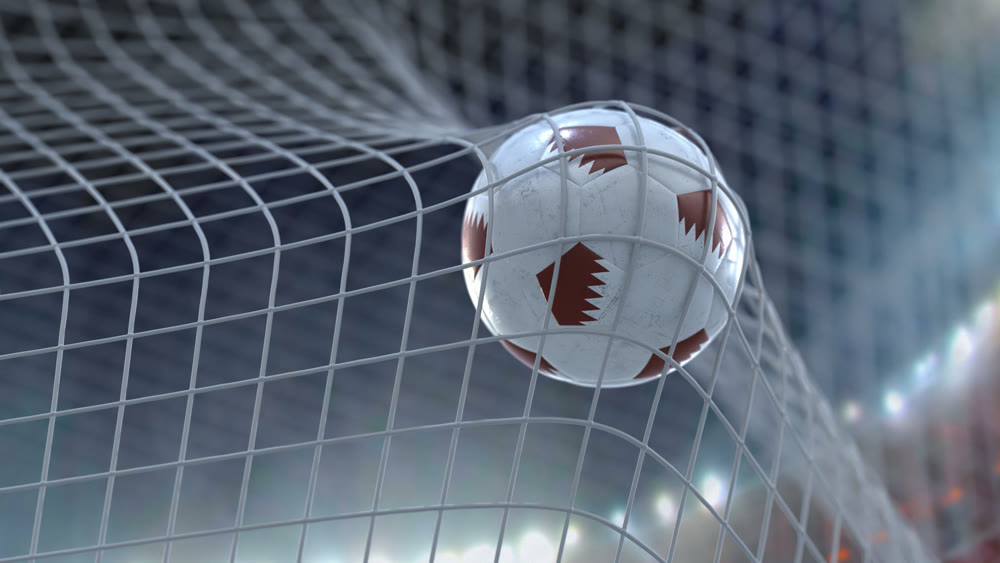 Soccer ball flies into the net. A close plan against the background of the stadium floodlights. 3D illustration.