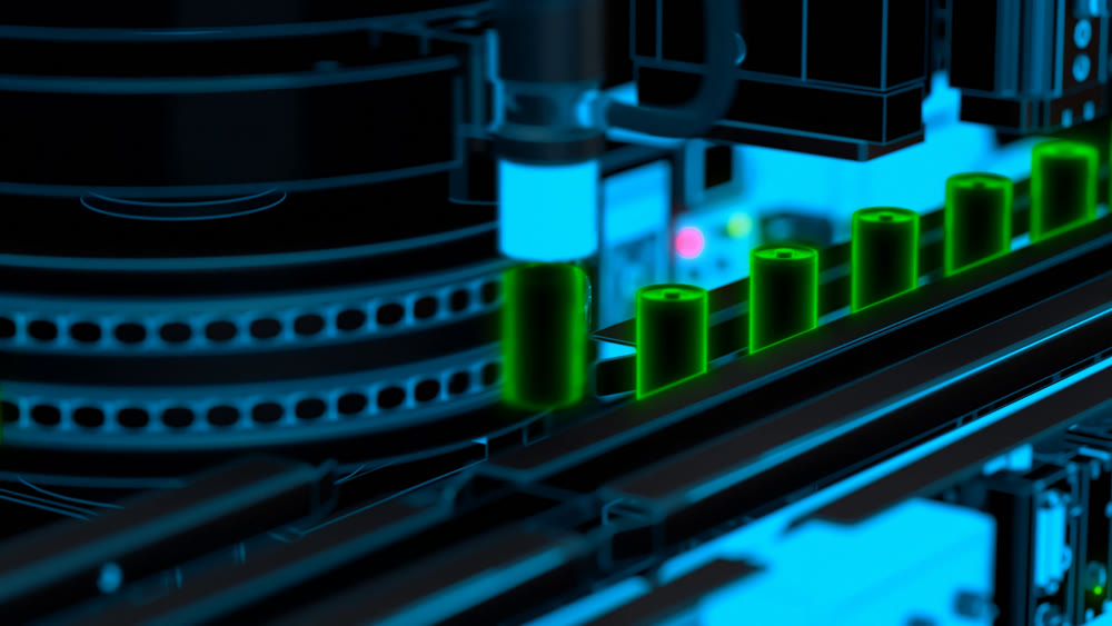 Lithium ion electric batteries, production line. Abstract image. 3D illustration. 3D rendering.