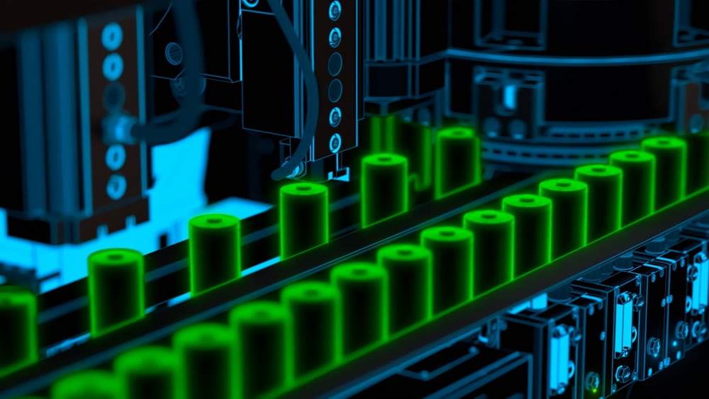 Lithium ion electric batteries, production line. Abstract image. 3D illustration. 3D rendering.